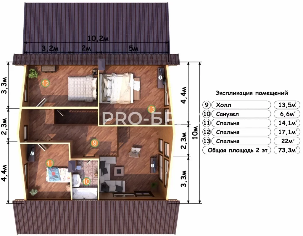 Проект дома из бруса 10 на 12 с мансардой БД-150 план второго этажа