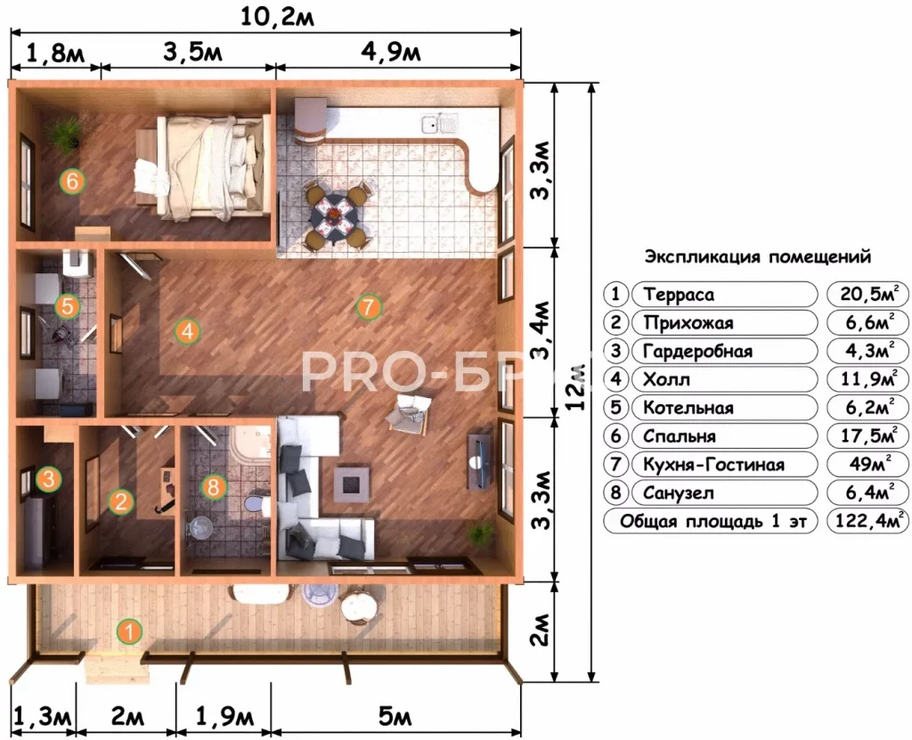 Проект дома из бруса 10 на 12 с мансардой БД-150 план первого этажа