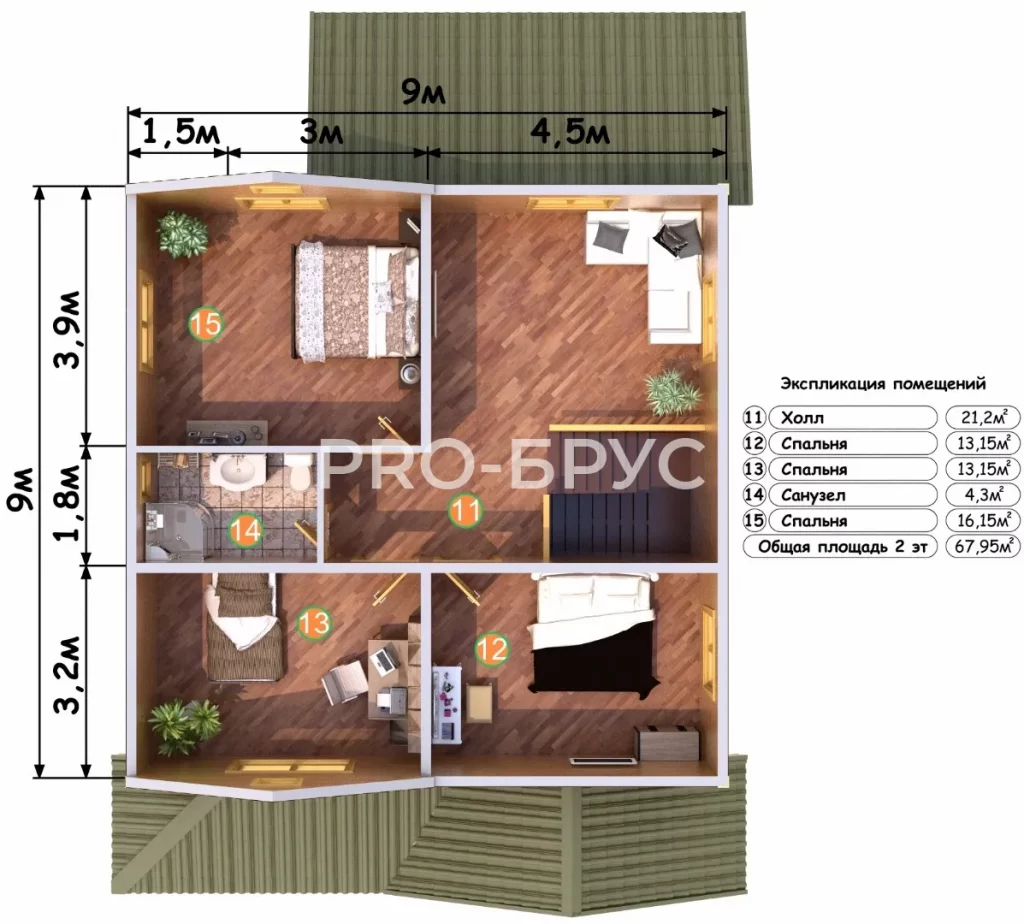 Проект дома из бруса 9 на 13 двухэтажный БД-151 план второго этажа