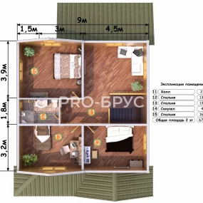 Проект дома из бруса 9 на 13 двухэтажный БД-151 план второго этажа