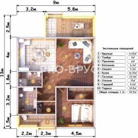 Проект дома из бруса 9 на 13 двухэтажный БД-151 план первого этажа