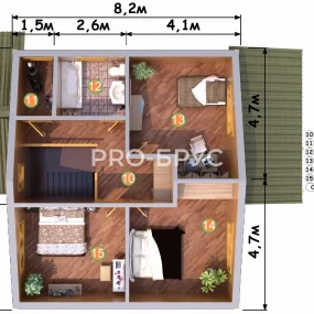 Проект дома из бруса 9 на 13 двухэтажный БД-152 план второго этажа