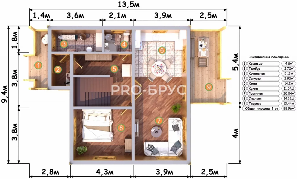 Проект дома из бруса 9 на 13 двухэтажный БД-152 план первого этажа