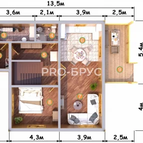 Проект дома из бруса 9 на 13 двухэтажный БД-152 план первого этажа