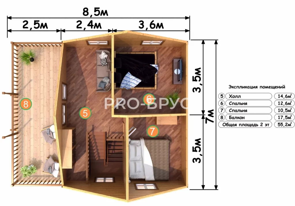 Проект дома из бруса 7 на 8 с мансардой БД-153 план второго этажа