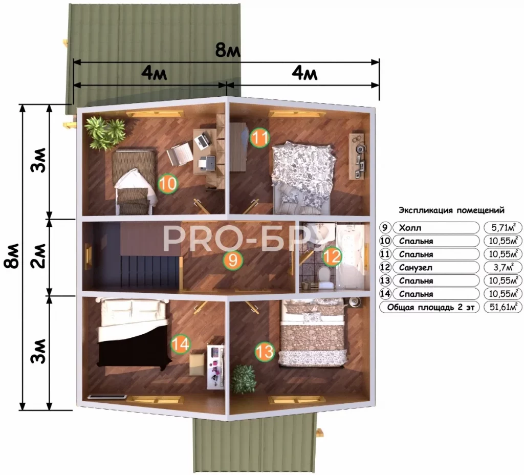 Проект дома из бруса 8 на 12 с мансардой БД-154 план второго этажа