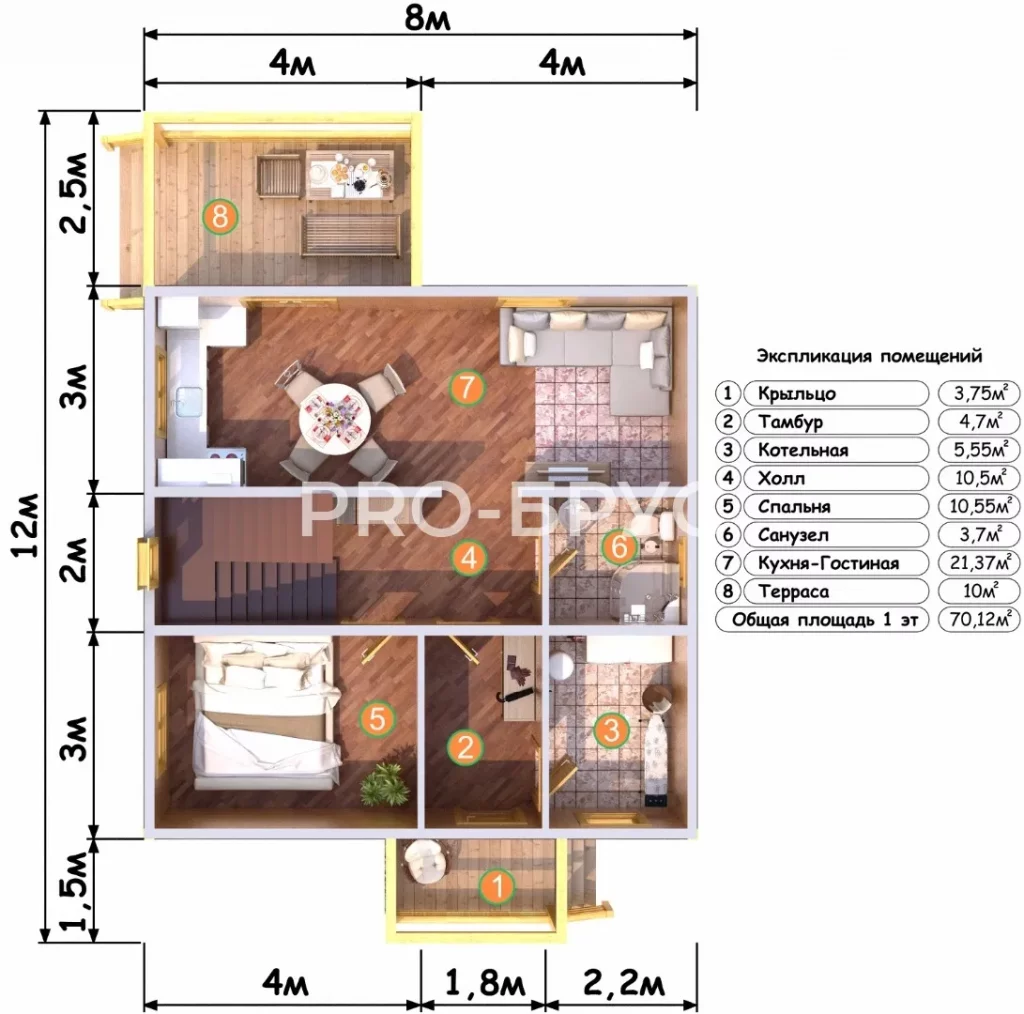 Проект дома из бруса 8 на 12 с мансардой БД-154 план первого этажа
