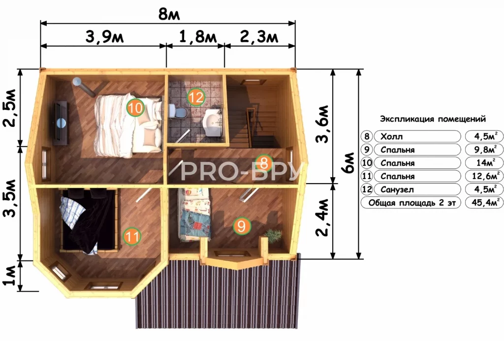 Проект дома из бруса 8 на 8 двухэтажный БД-155 план второго этажа