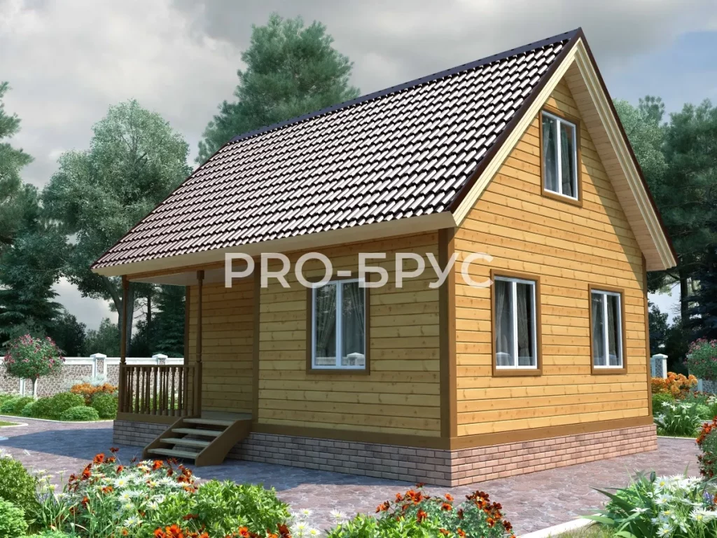 Проект дома из бруса 6 на 8 с мансардой БД-156 вид спереди
