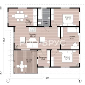 Проект дома из бруса 11 на 12 одноэтажный БД-80 план первого этажа