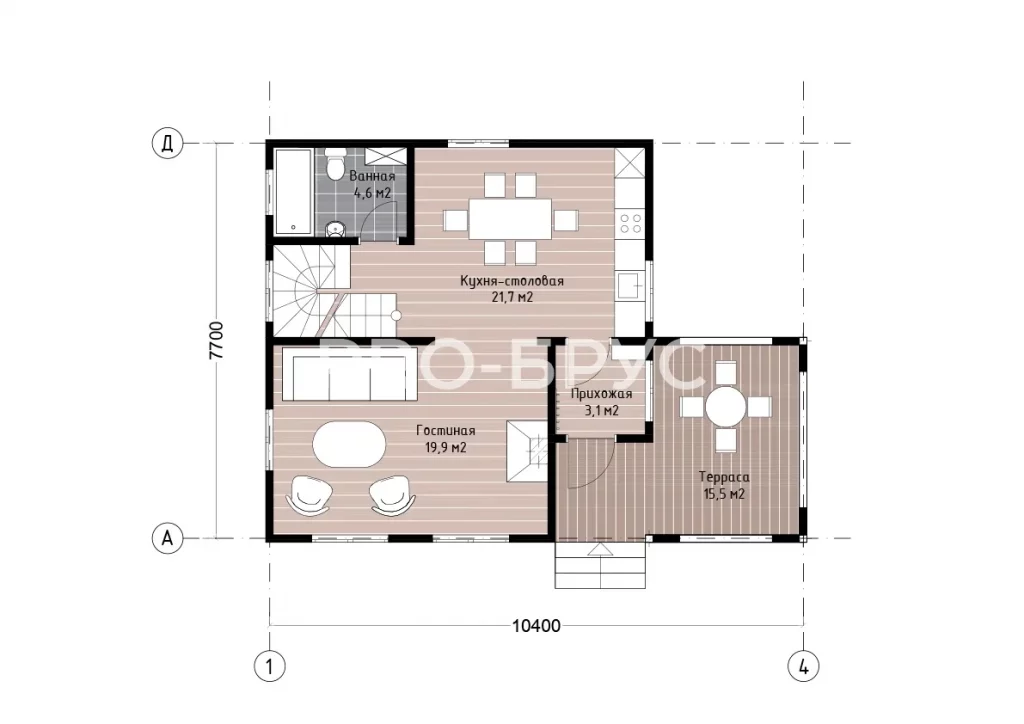 Проект дома из бруса 7 на 10 с мансардой БД-93 план первого этажа