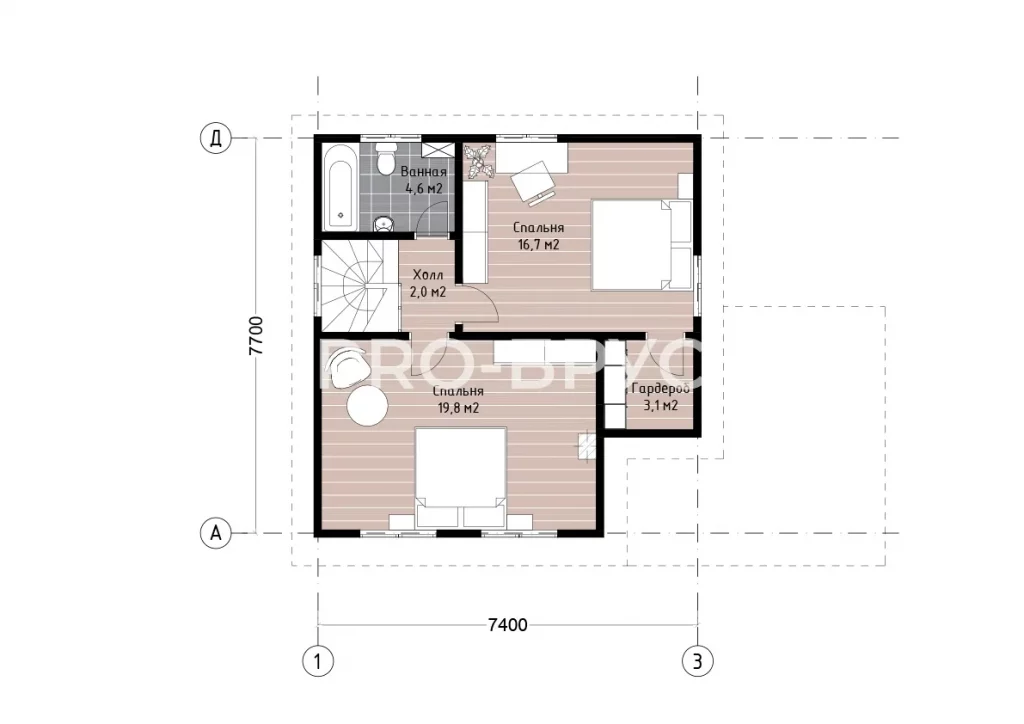 Проект дома из бруса 7 на 10 с мансардой БД-93 план второго этажа