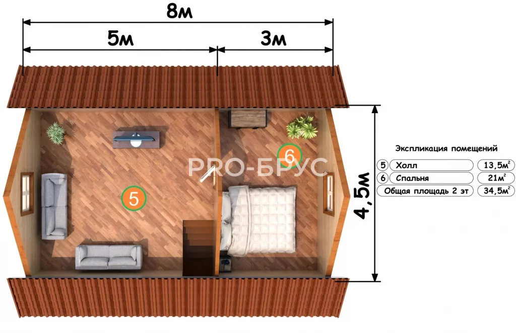 Проект дома из бруса 6 на 8 с мансардой БД-94 план второго этажа