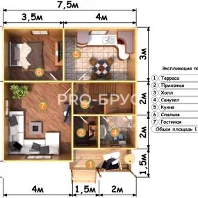 Проект дома из бруса 7 на 8 с мансардой БД-95 план первого этажа