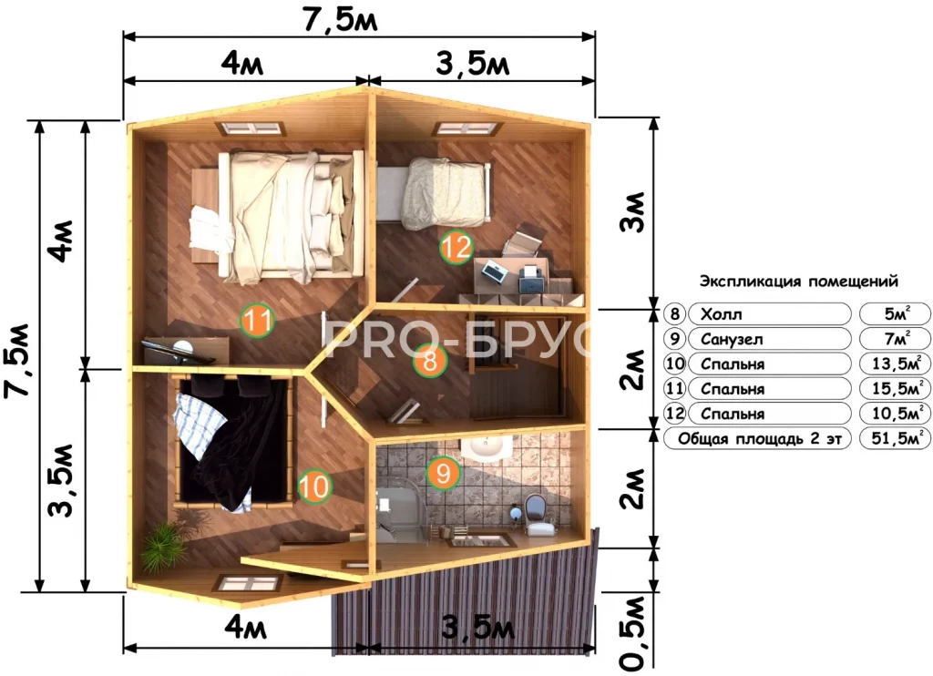 Проект дома из бруса 7 на 8 с мансардой БД-95 план второго этажа