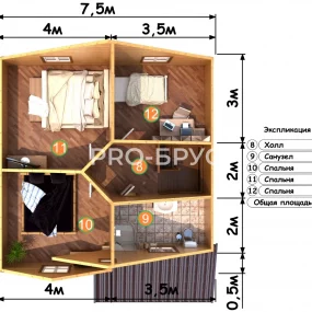 Проект дома из бруса 7 на 8 с мансардой БД-95 план второго этажа
