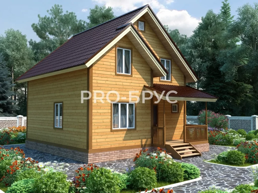 Проект дома из бруса 7 на 8 с мансардой БД-95 вид спереди