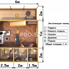 Проект дома из бруса 6 на 8 с мансардой БД-96 план первого этажа