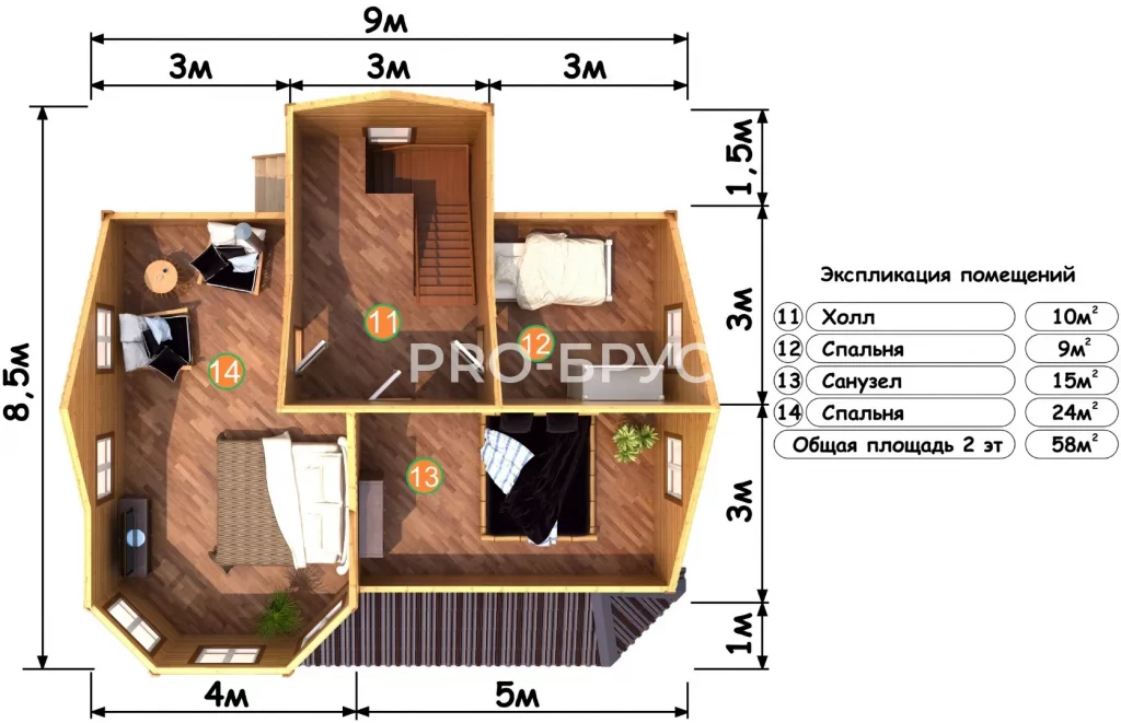 Проект дома из бруса 8 на 9 с мансардой БД-99 план второго этажа