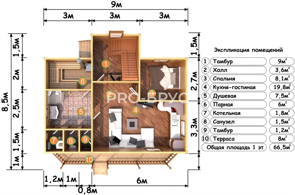 Проект дома из бруса 8 на 9 с мансардой БД-99 план первого этажа
