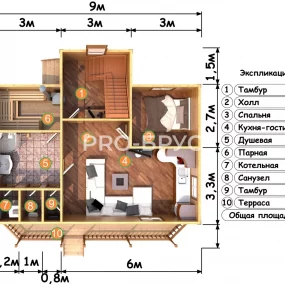 Проект дома из бруса 8 на 9 с мансардой БД-99 план первого этажа