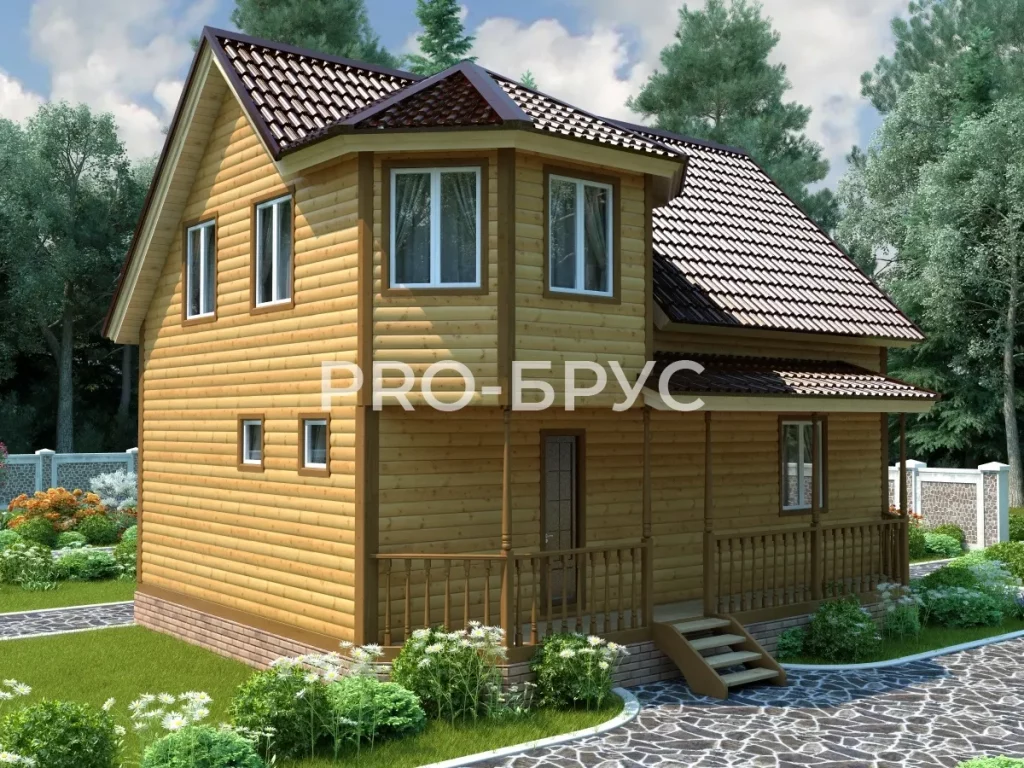 Проект дома из бруса 8 на 9 с мансардой БД-99 вид спереди